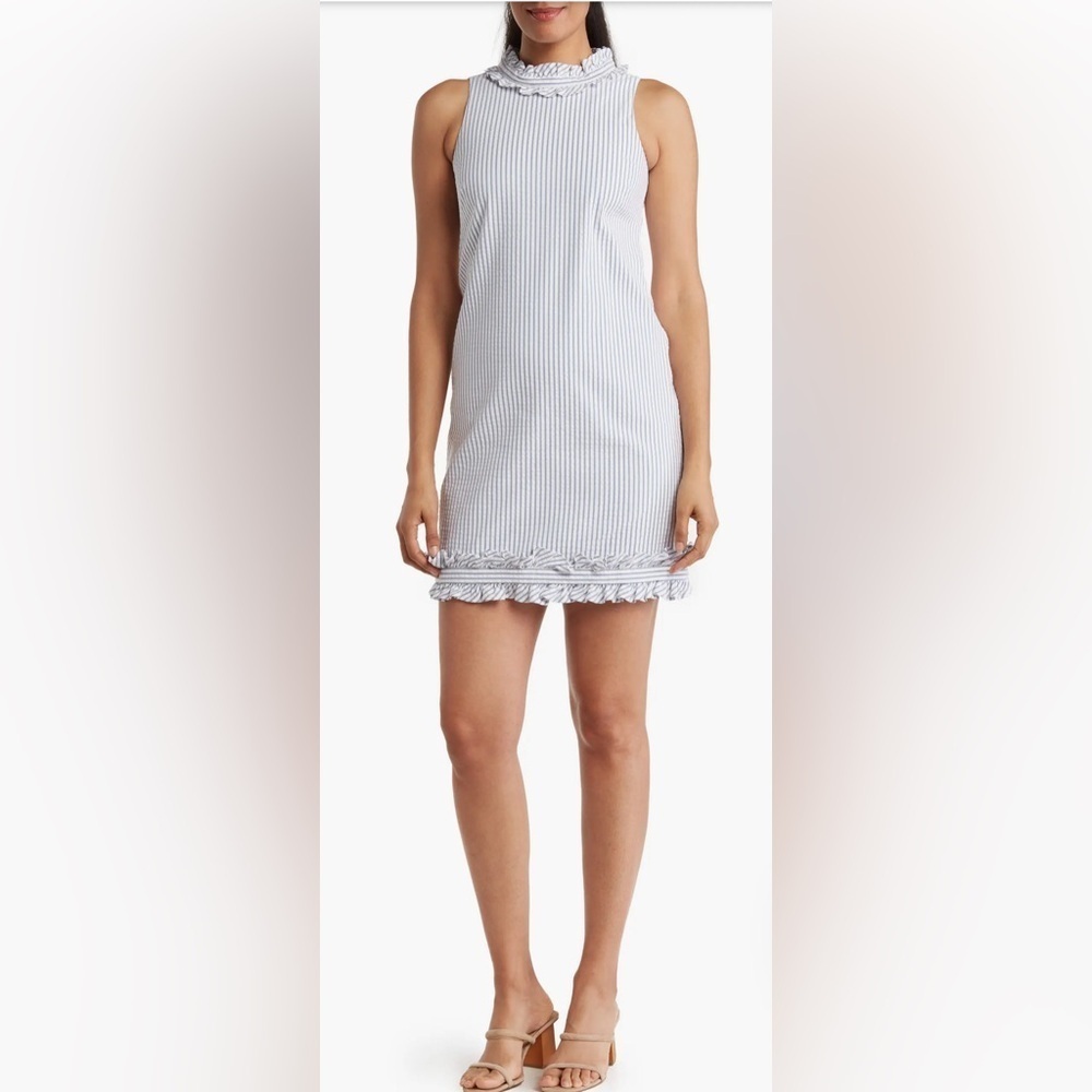 NWT‎ Eliza J Size 14 Stripe Ruffle Sleeveless Sheath Dress Blue